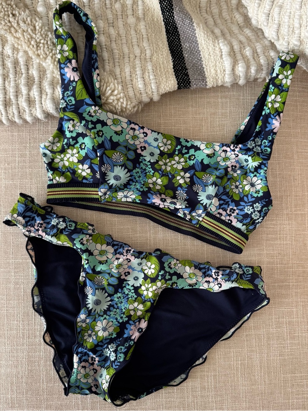 Aerie Floral Striped Trim Scoop Ruffle Bottom Bikini Set | Size XS
